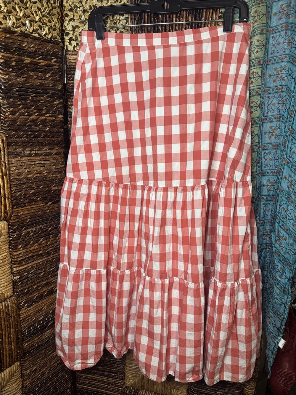 Tiered Gingham Midi Skirt - Pink & White
